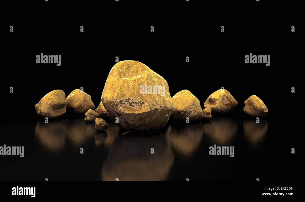 A collection of gold nuggets on an isolated dark background Stock Photo
