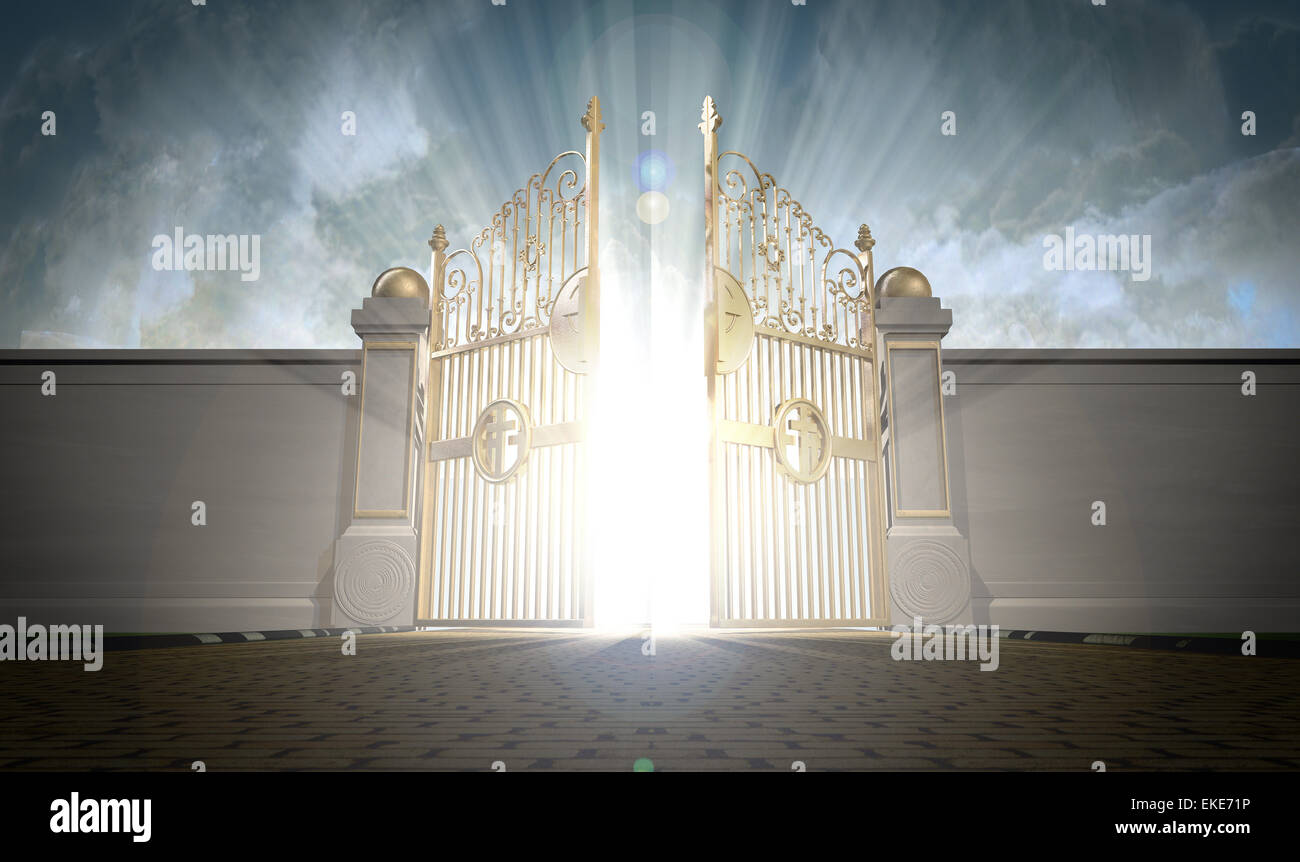 A depiction of the pearly gates of heaven opening with the bright side of heaven contrasting with the duller foreground Stock Photo