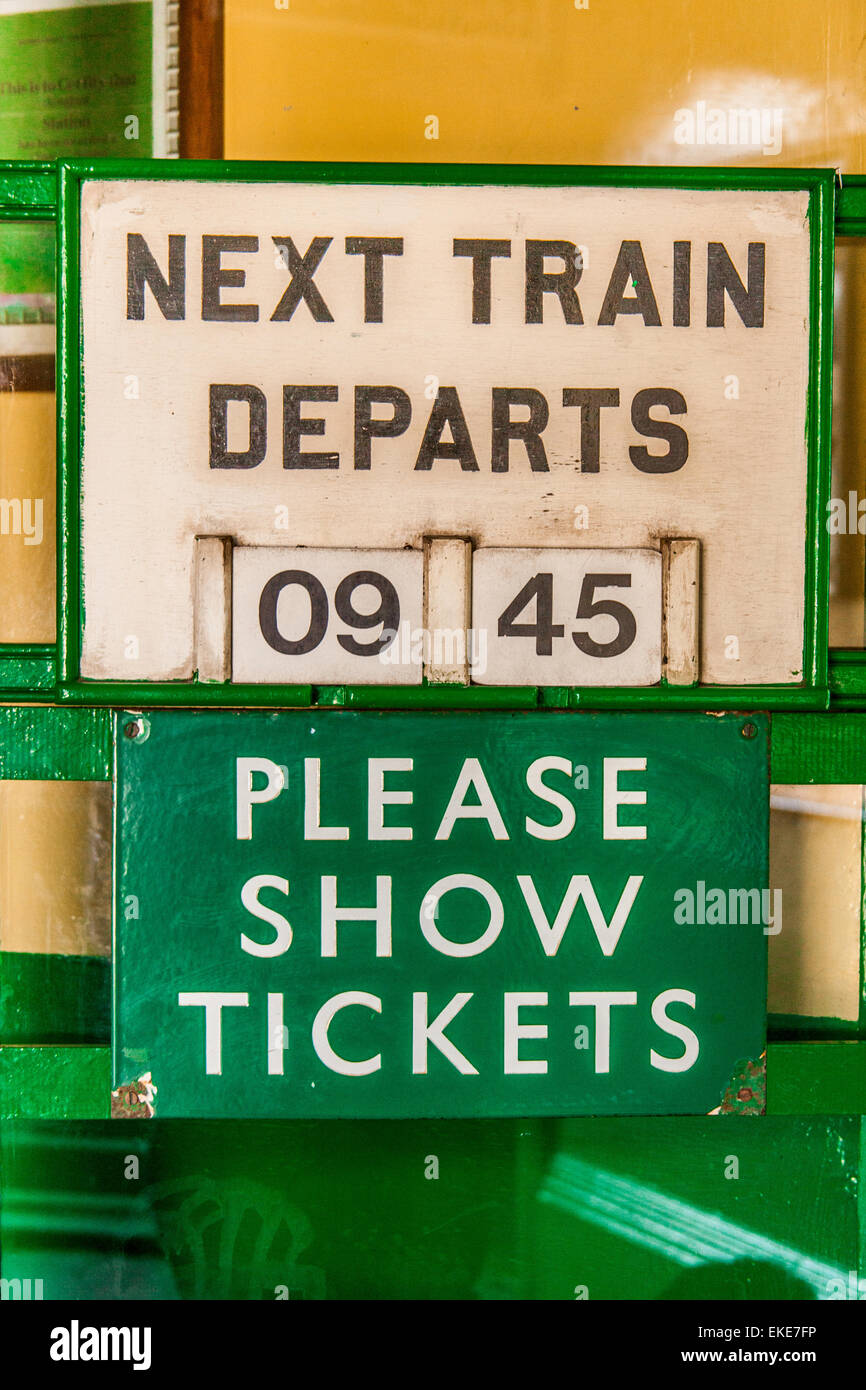 Train departure times sign at Alresford Station, Watercress Line, Mid