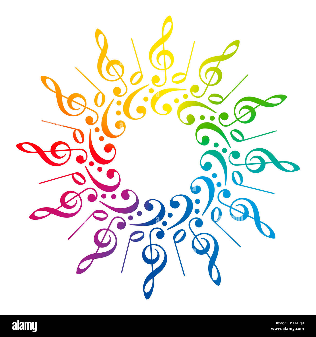 Treble clefs, bass clefs and scores, that form a radial rainbow colored pattern. Stock Photo