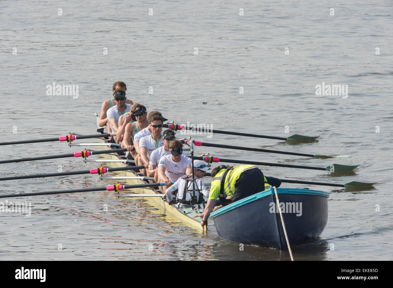 London, UK. 9th April, 2015. Cambridge University Boat Club (CUBC) on a ...