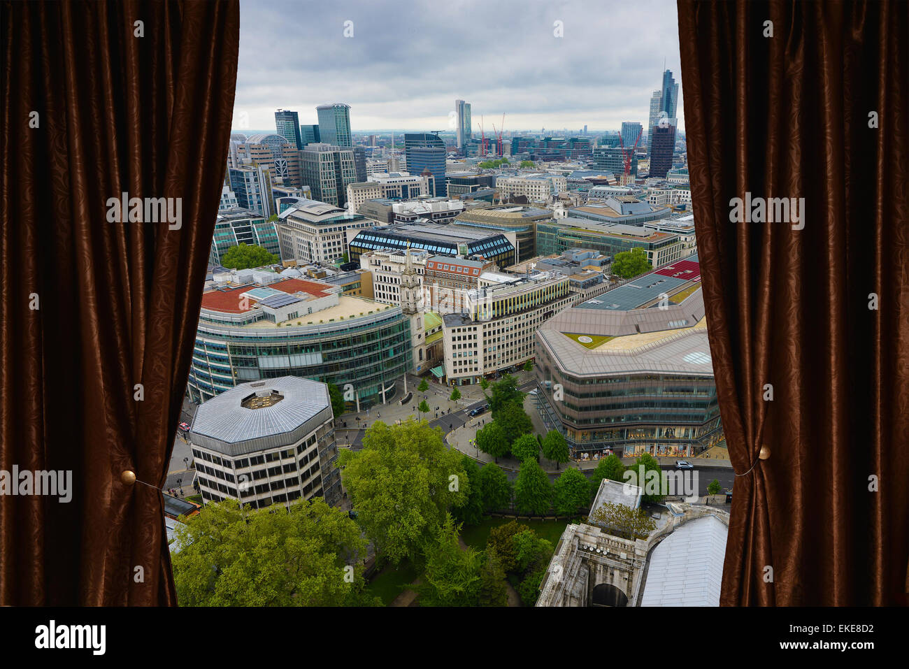 City view behind brown curtain Stock Photo