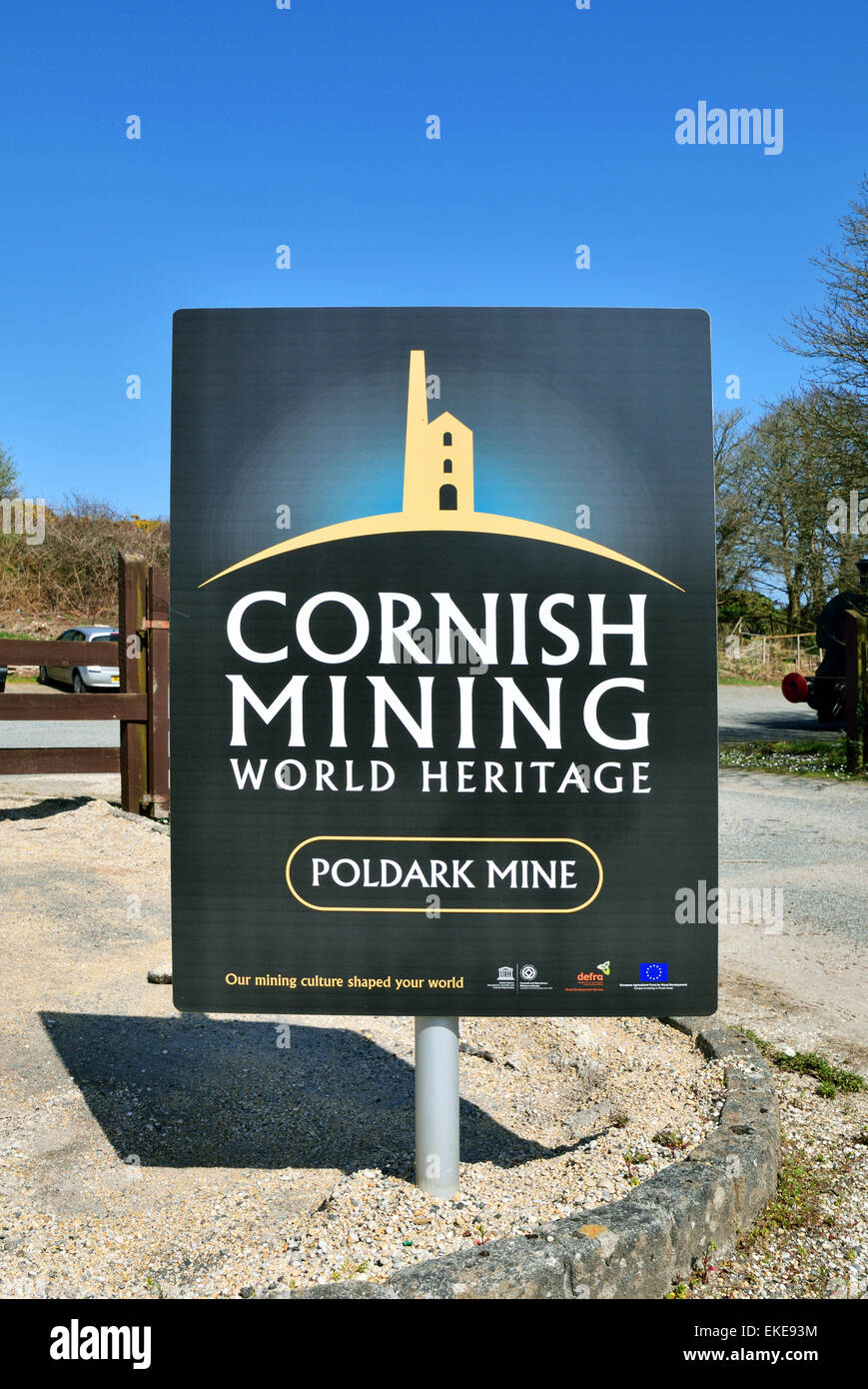 Cornish Mining world heritage sign at Poldark Mine near Wendron, Cornwall, UK Stock Photo