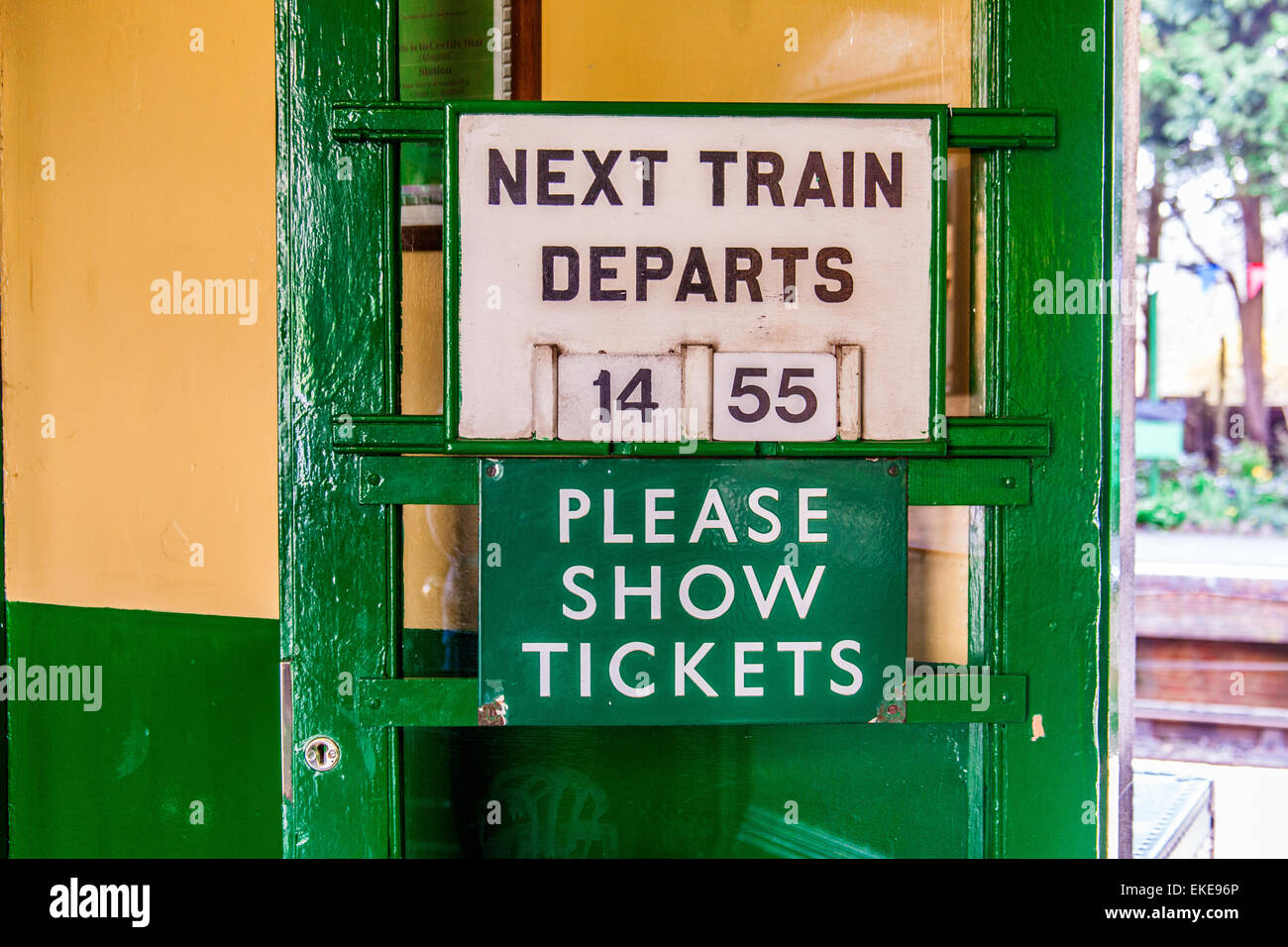 Tarin time s sign at Alresford Station, Watercress Line, Mid Hants Railway, Hampshire, England, U.K Stock Photo