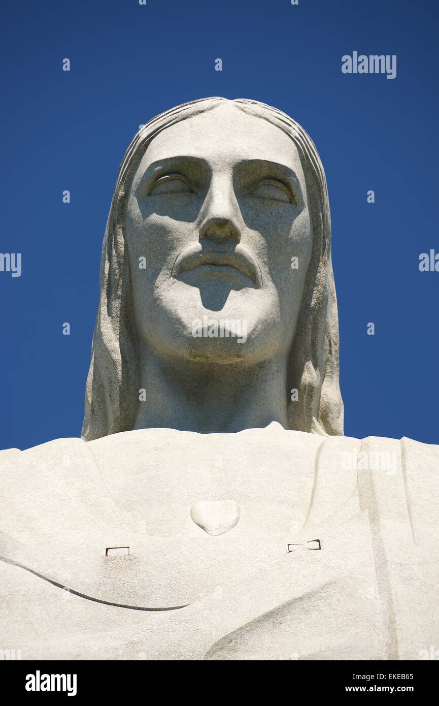 RIO DE JANEIRO, BRAZIL - MARCH 05, 2015: The face of the statue of Christ the Redeemer, one of Rio's most recognizable landmarks Stock Photo