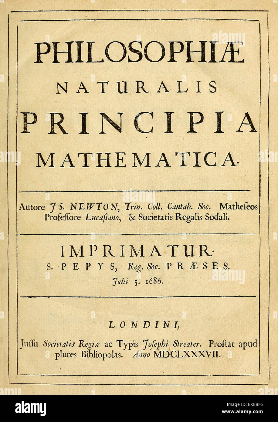 Philosophiæ Naturalis Principia Mathematica, Latin for 'Mathematical Principles of Natural Philosophy', often referred to as simply the 'Principia,' is a work in three books by Sir Isaac Newton. It was first published 5 July 1687. Stock Photo