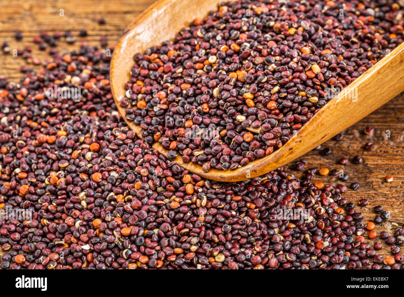 healthy, gluten free, black quinoa grain on a rustic wooden scoop Stock