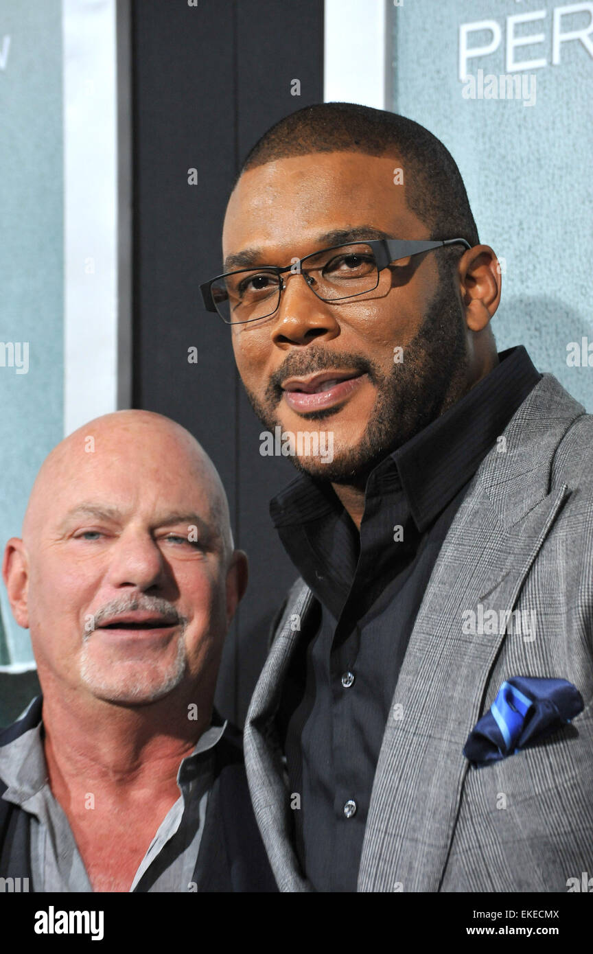 LOS ANGELES, CA - OCTOBER 15, 2012: Tyler Perry & director Rob Cohen (left) at the Los Angeles premiere of their movie 'Alex Cross' at the Cinerama Dome, Hollywood. Stock Photo