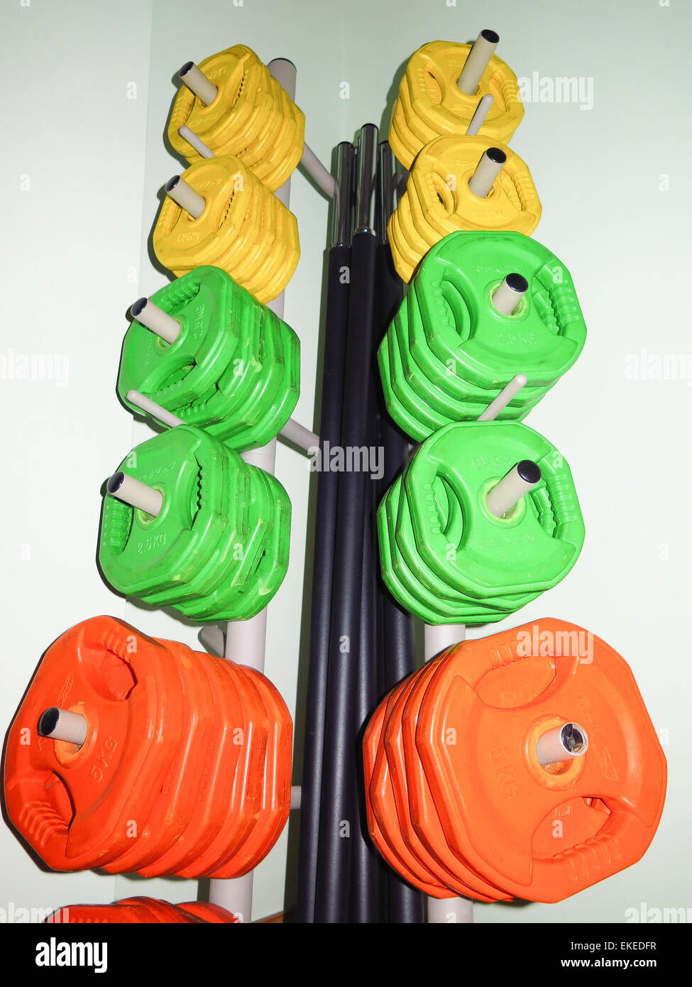 Lifting weights on rack in gym Stock Photo Alamy