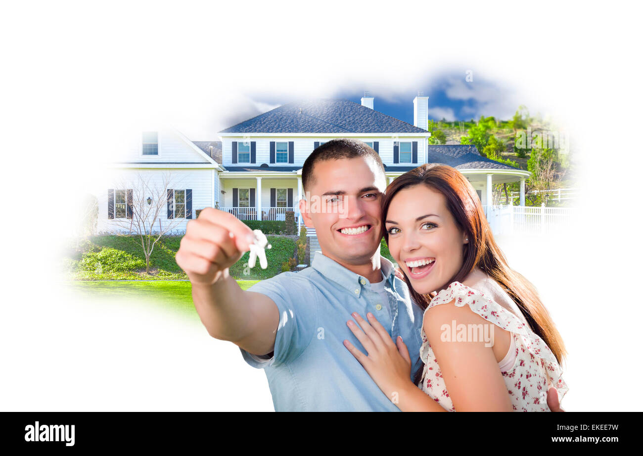 Military Couple with Keys Over House Photo in Cloud on White Background ...