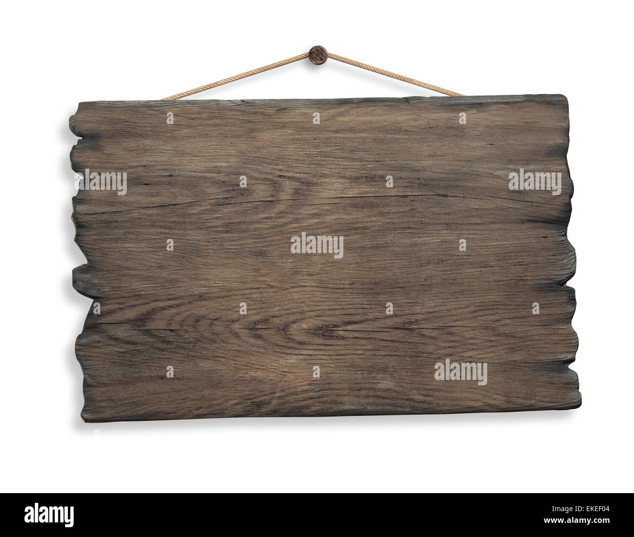 wood sign hanging on rope and nail isolated Stock Photo