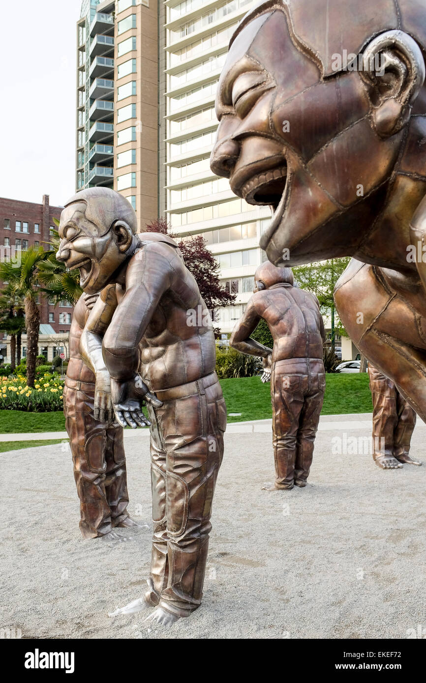 A-maze-ing Laughter bronze sculpture by Yue Minjun,  Morton Park in Vancouver, Canada Stock Photo