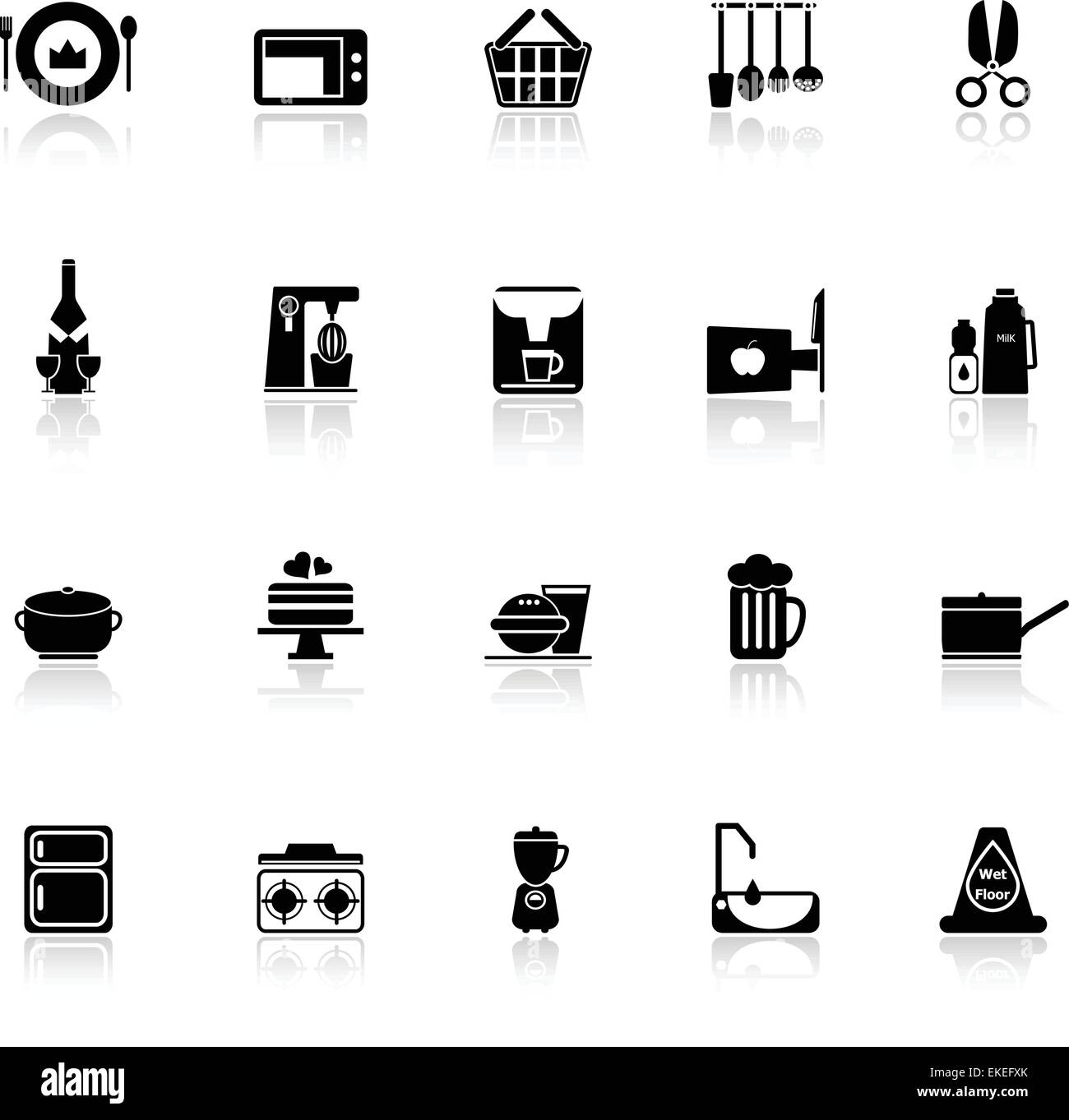 Home kitchen icons with reflect on white background, stock vector Stock ...