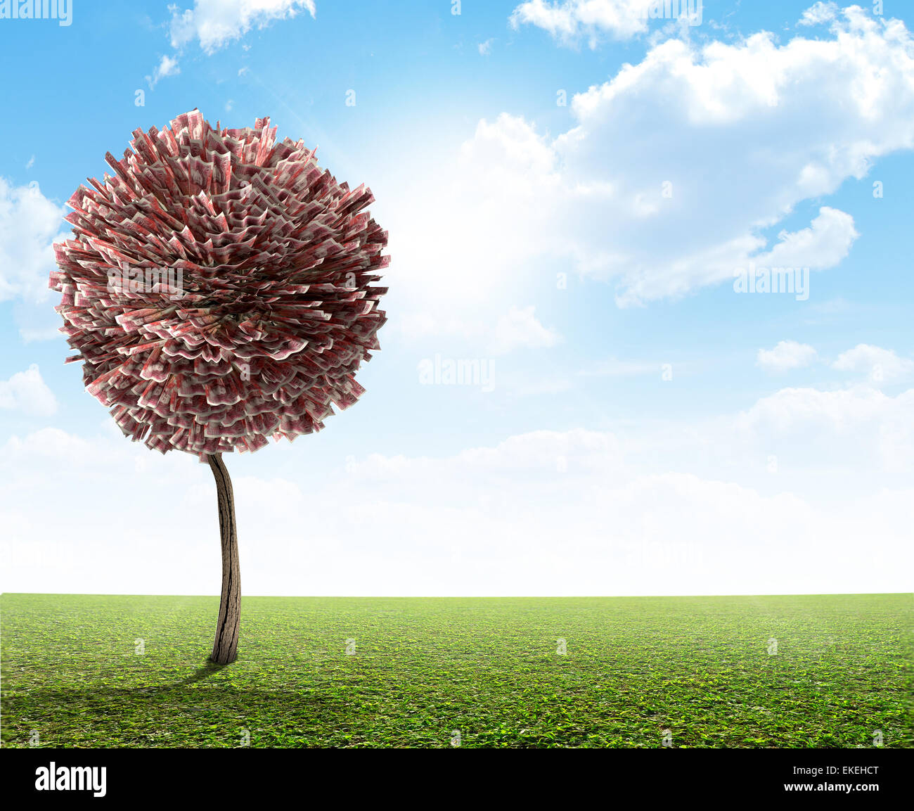 A stylized fantasy mythical british pound money tree on a green lawn ...