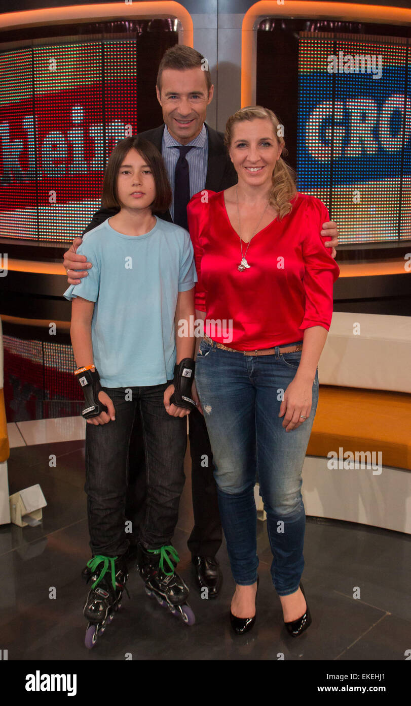 Recording of German TV show Klein gegen groß at Adlershof TV studios  Featuring: Kai Pflaume,Anni Friesinger-Postma,Guest Where: Berlin, Germany When: 05 Oct 2014 Stock Photo
