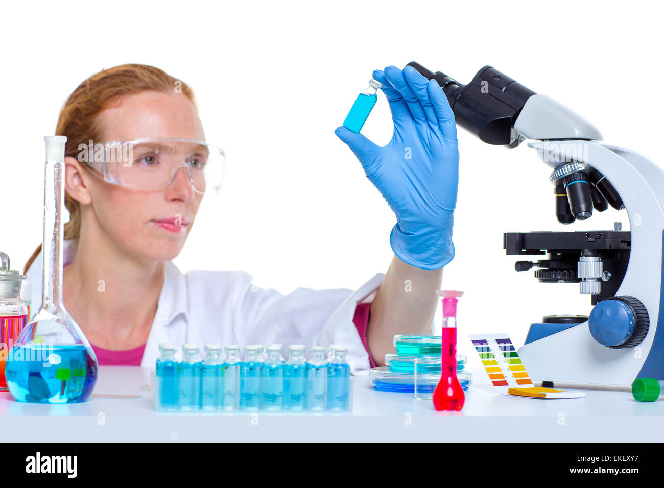 chemical laboratory scientist woman working with bottle Stock Photo Alamy
