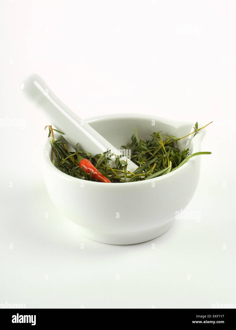 Mortar, pestle, herbs and peppers Stock Photo Alamy