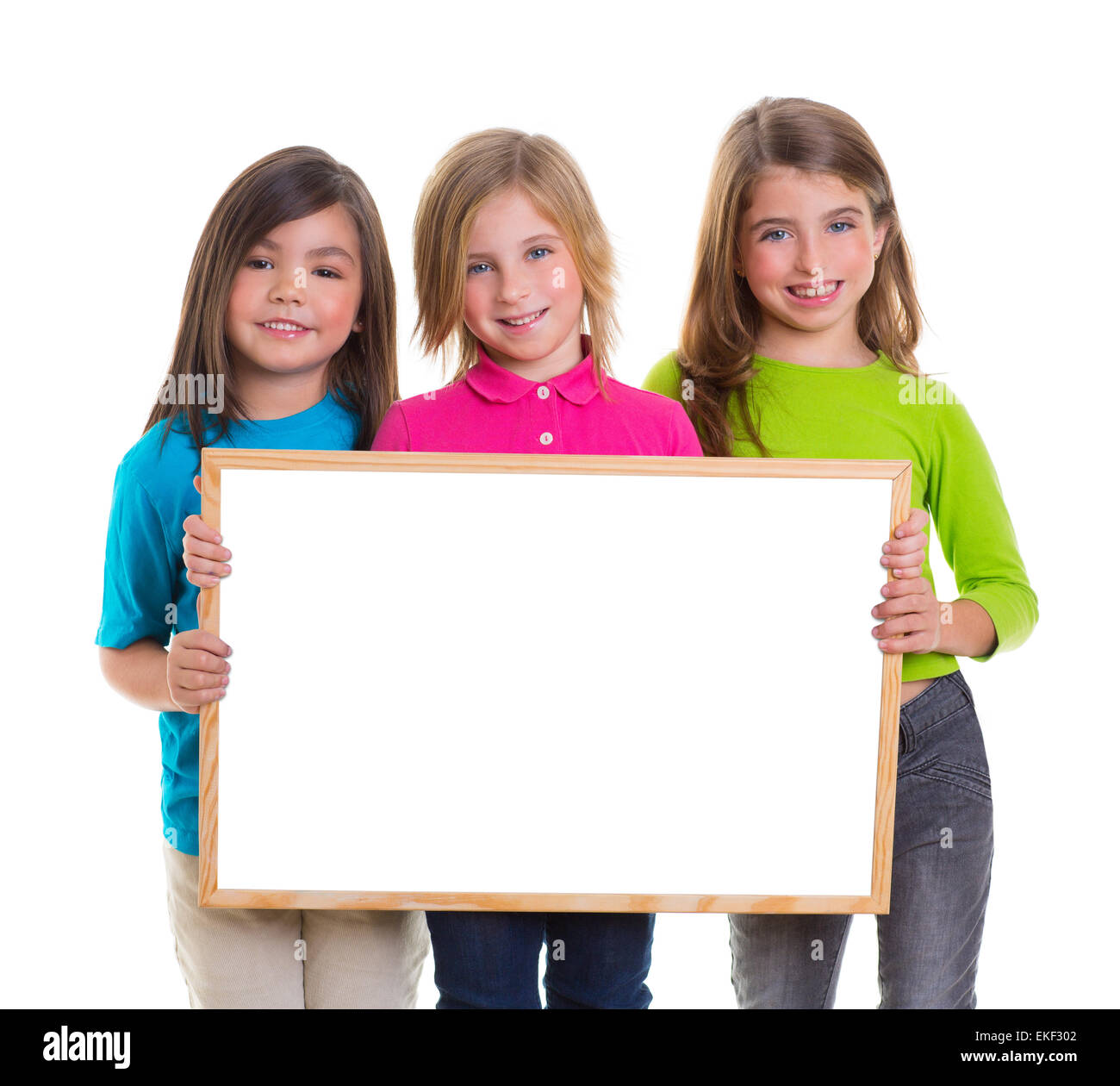 children girls group holding blank white board copy space Stock Photo ...