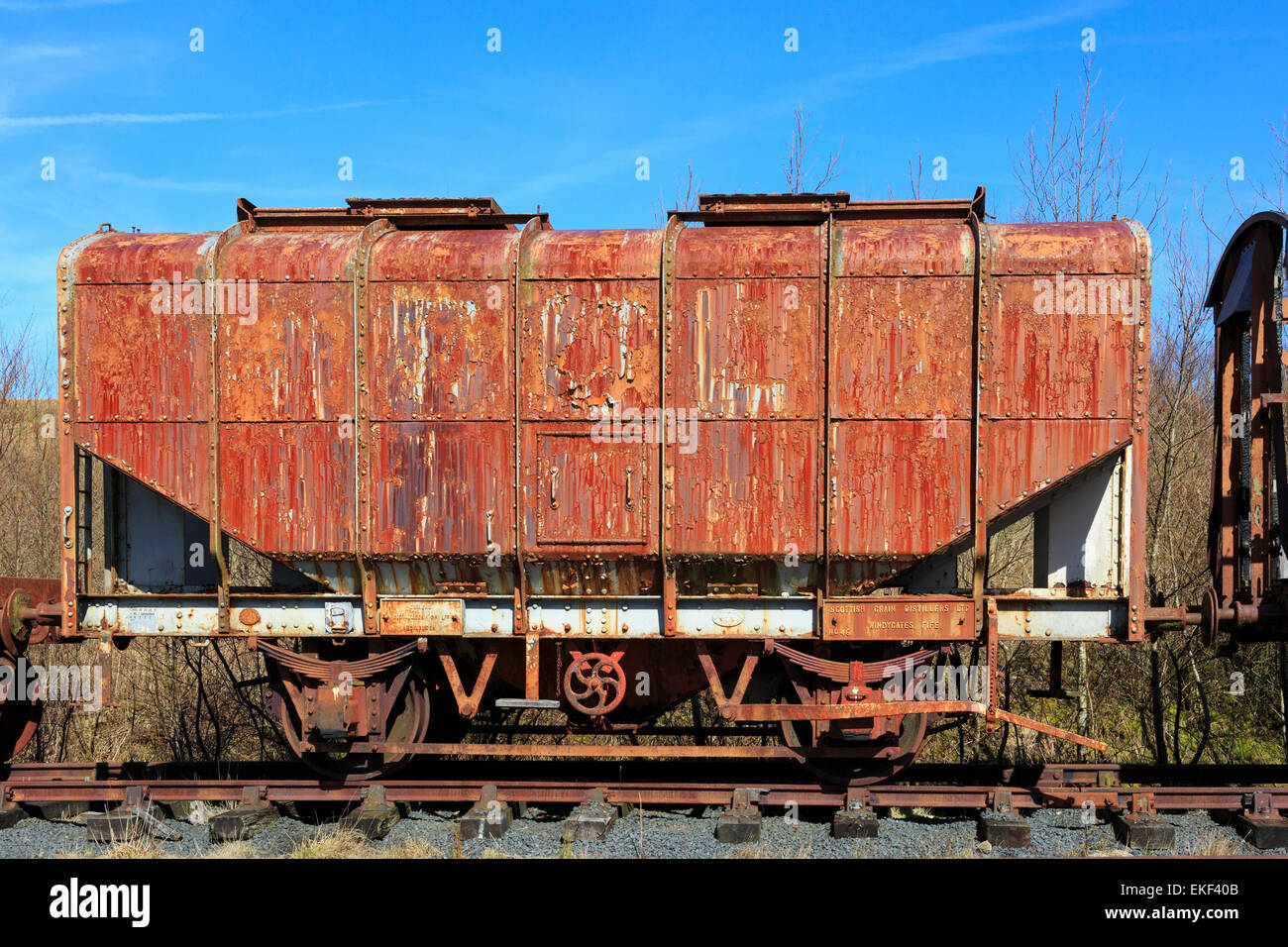 Old and rusting, abandoned railway haulage carriage, Ayrshire, Scotland, UK Stock Photo