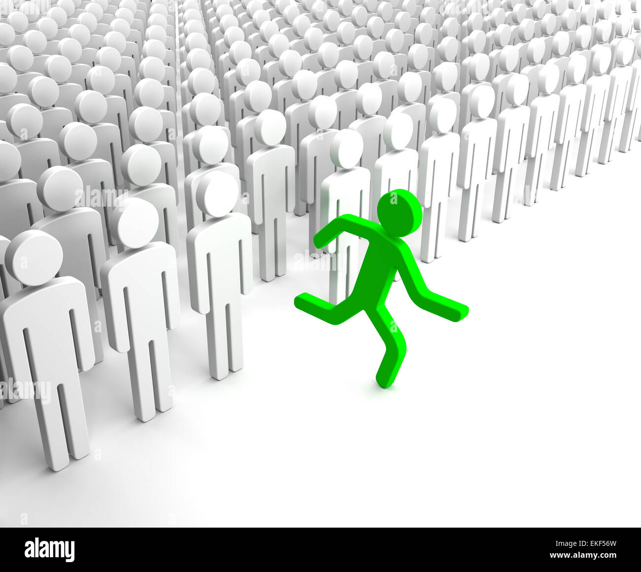 Red Human Figure Running from the Crowd of Gray Indifferent Huma Stock Photo