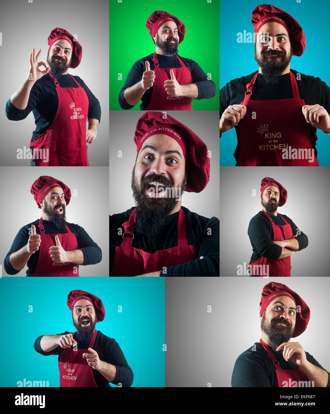 set of chubby bearded chef with different expressions Stock Photo
