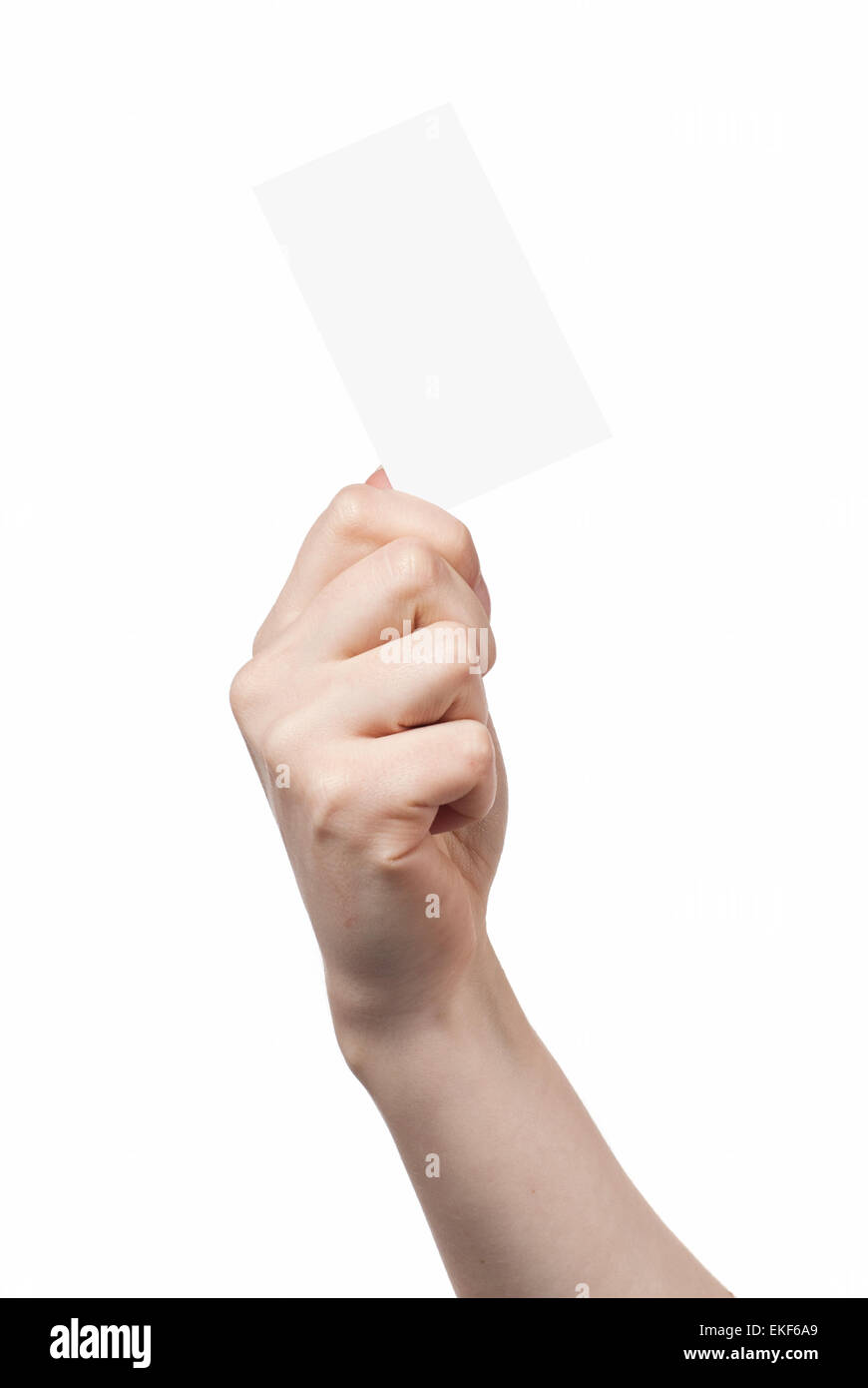 Woman hand holding empty visiting card isolated on white Stock Photo