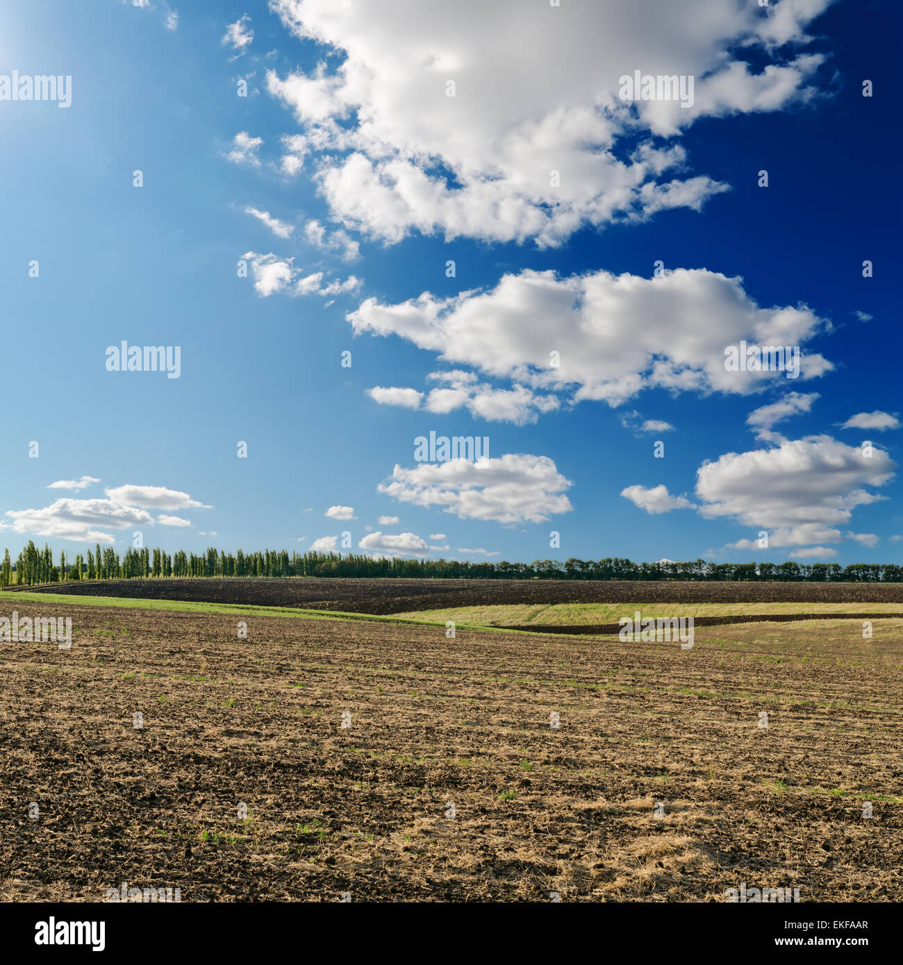black ploughed field under deep blue sky with clouds Stock Photo - Alamy