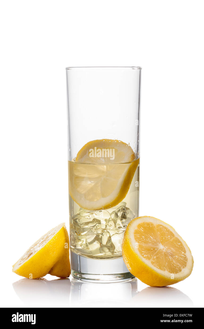 glass full of fresh lemonade and ice cube, on white background Stock ...