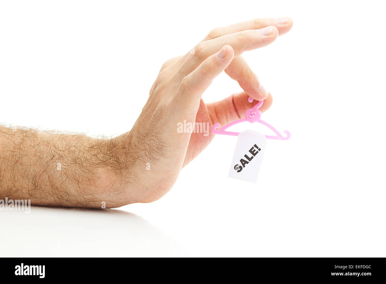 hanger with a price tag sale in hand isolated on white Stock Photo Alamy