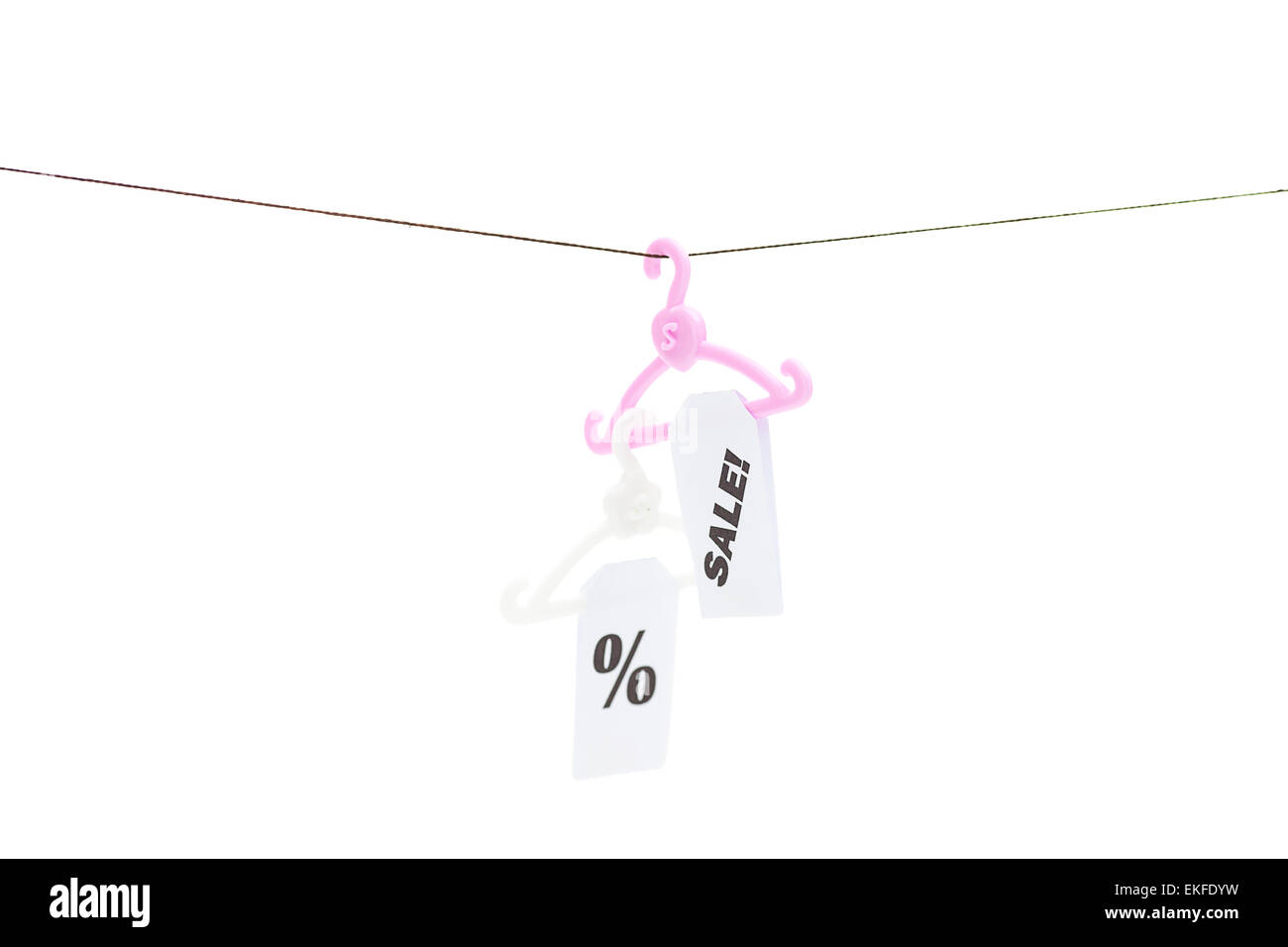 hanger with a price tag sale hanging on a rope isolated on white Stock Photo