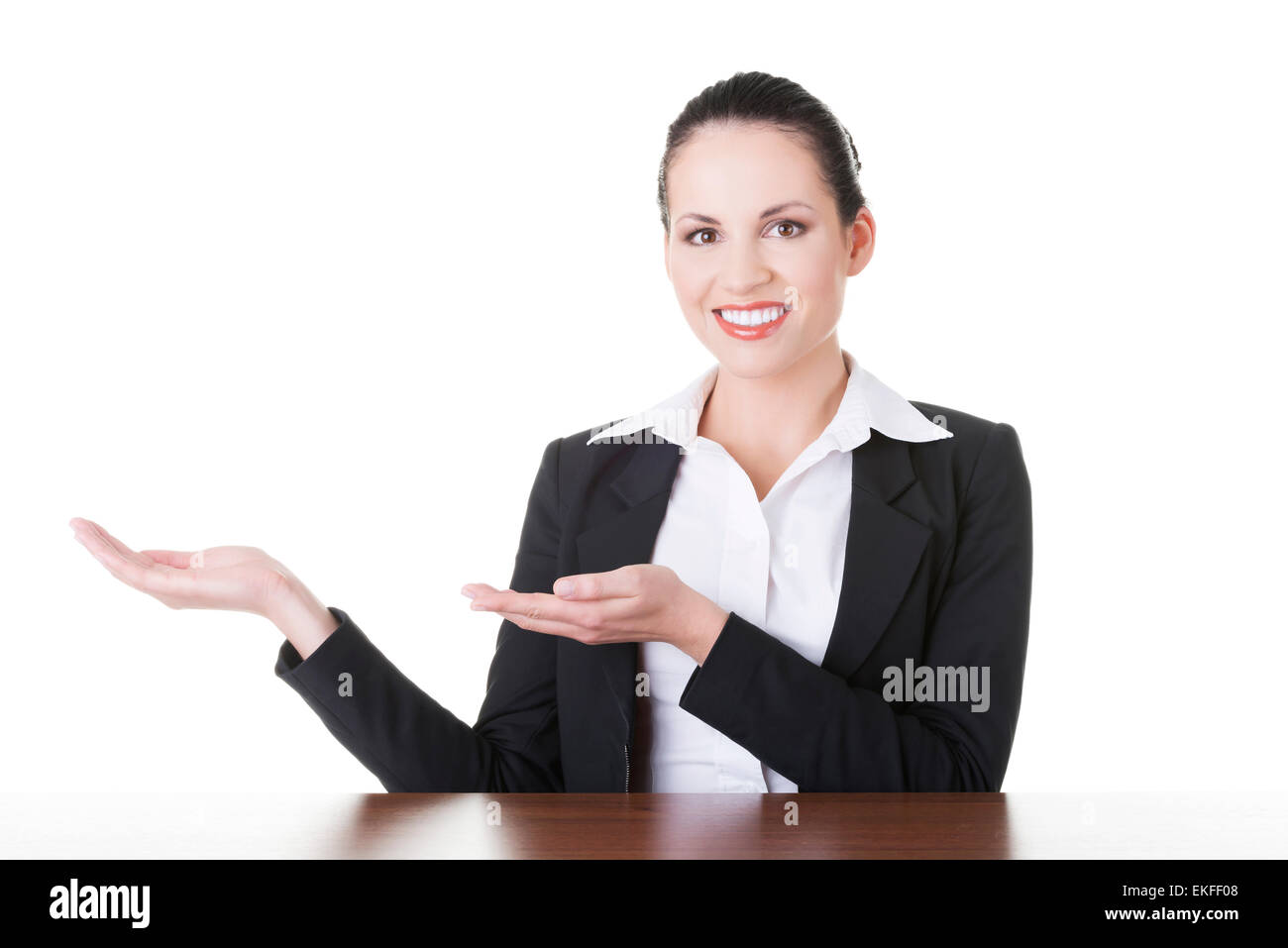 Business woman showing copy space on her palm Stock Photo - Alamy
