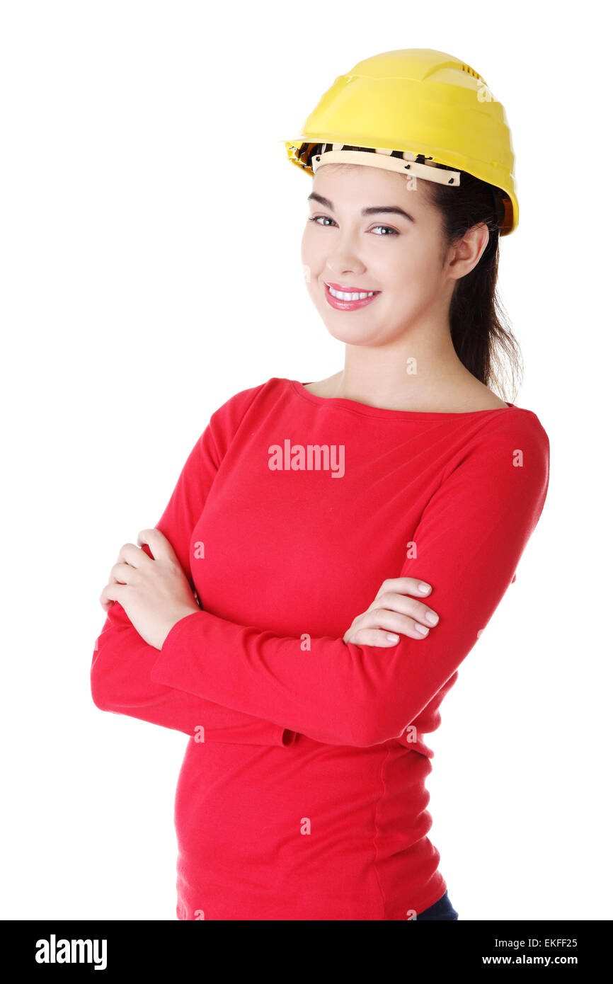 Portrait of confident female worker in helmet Stock Photo - Alamy