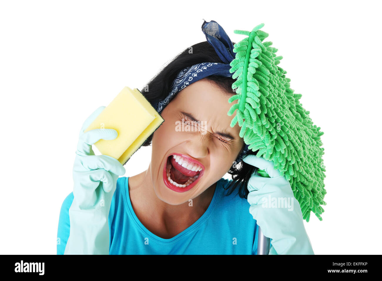 Tired frustrated and exhausted cleaning woman Stock Photo