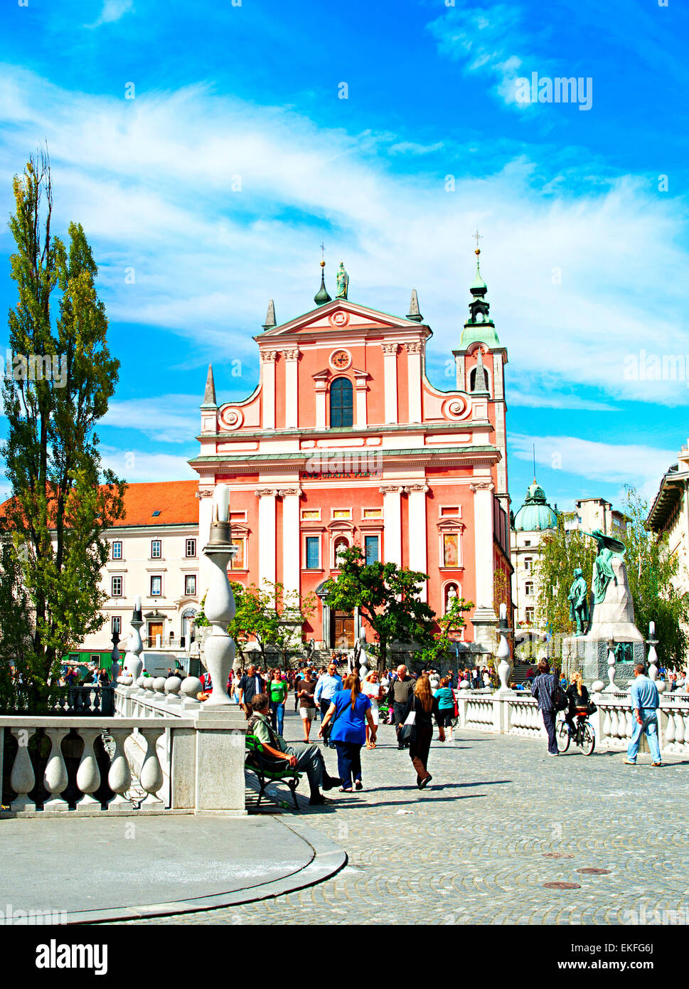 Preseren Square People walking at Triple Bridge and Preseren Square in Ljubljana ...