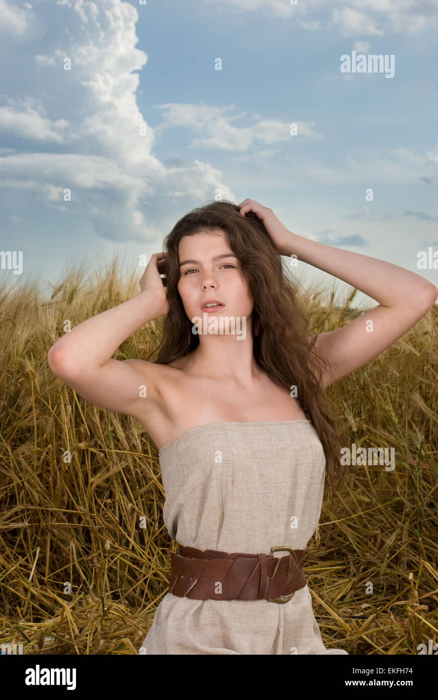 Beautiful slavonic girl on picnic in wheat field Stock Photo - Alamy