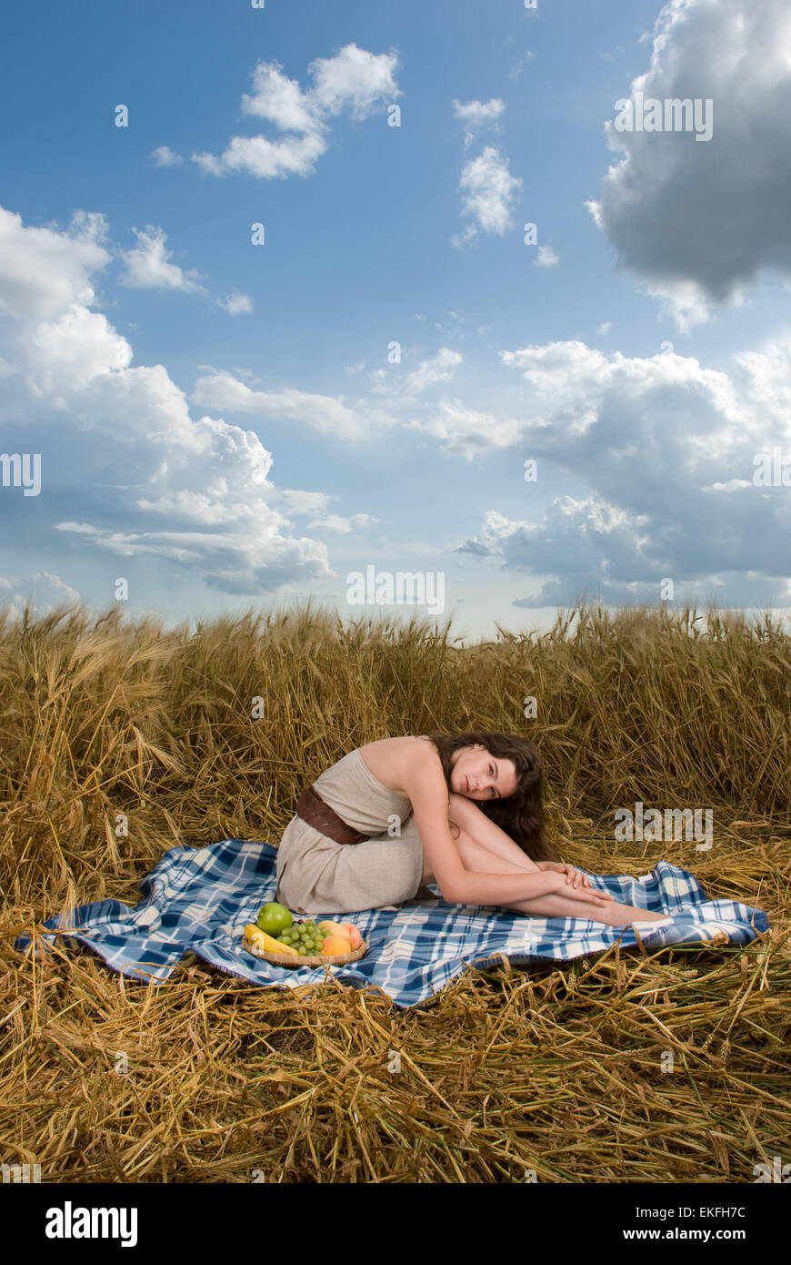 Beautiful slavonic girl on picnic in wheat field Stock Photo - Alamy