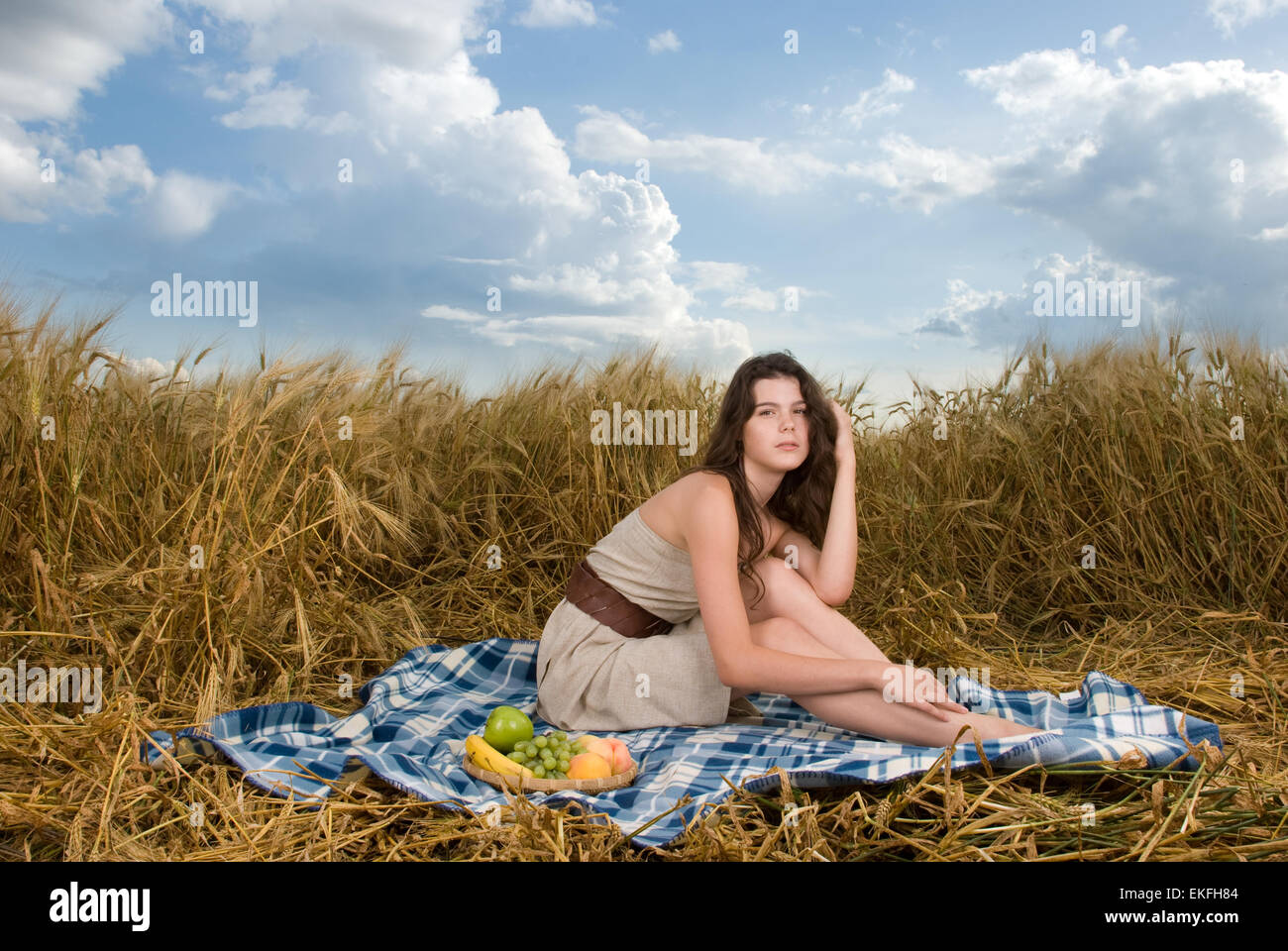 Beautiful slavonic girl on picnic in wheat field Stock Photo - Alamy