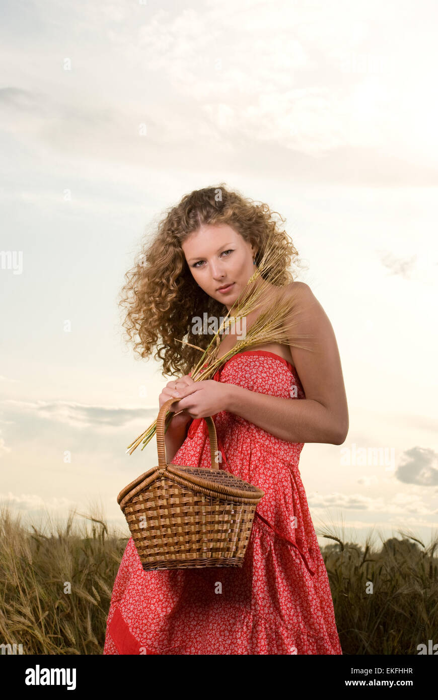 Beautiful slavonic girl pose in wheat field with basket Stock Photo - Alamy