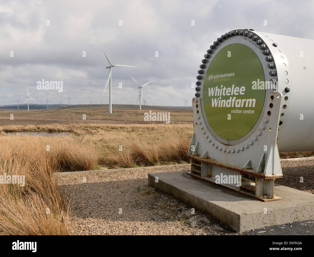 Turbine blade with bolts surrounding the Whitelee windfarm visitor centre entrance sign. Stock Photo