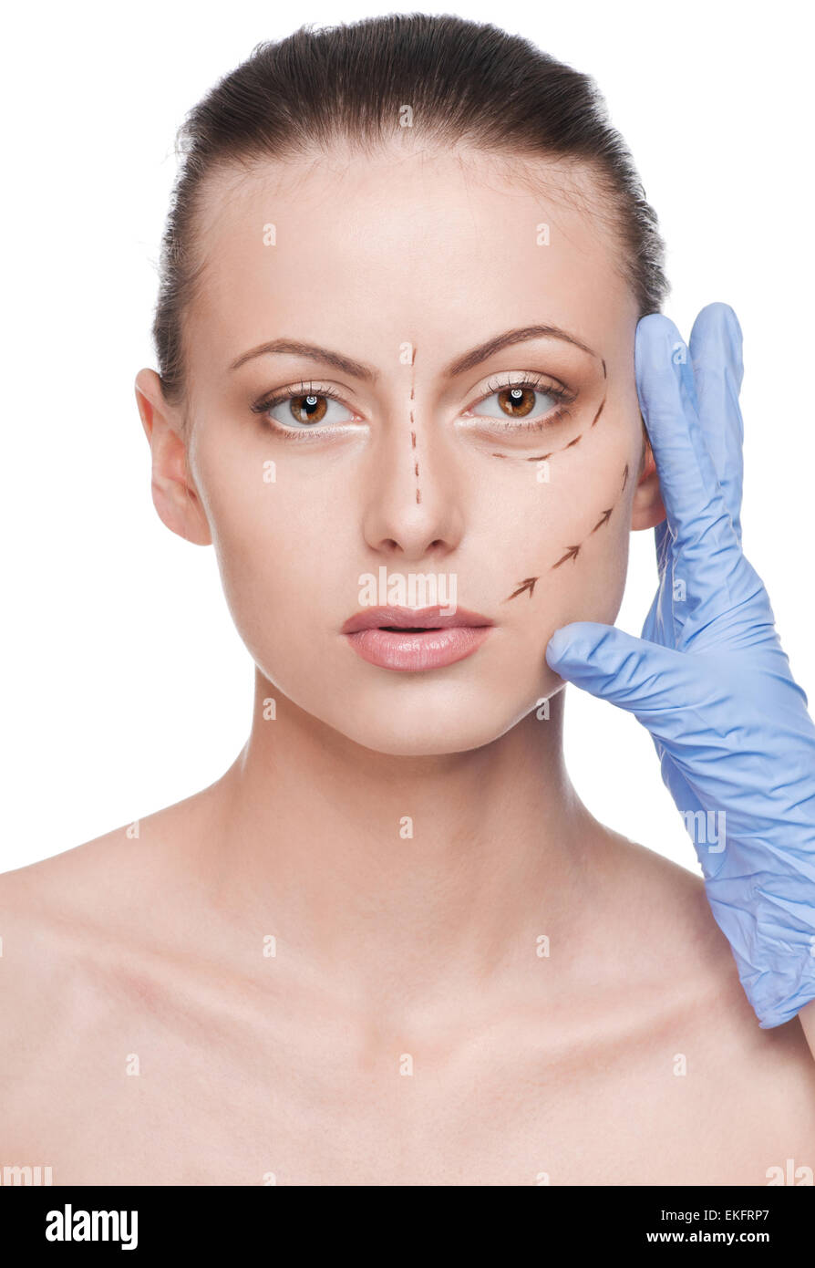 Correction lines on woman face, before surgery operetion Stock Photo