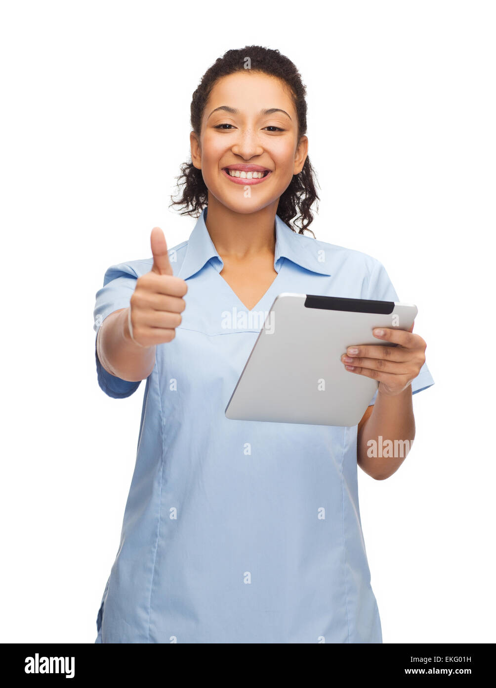 smiling black doctor or nurse with tablet pc Stock Photo