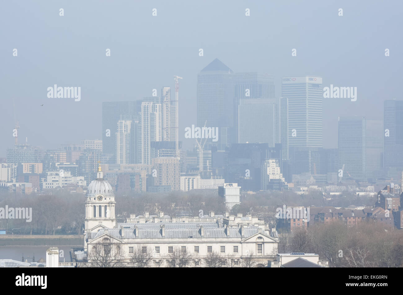 Air pollution over Canary Wharf in London, England United Kingdom UK Stock Photo