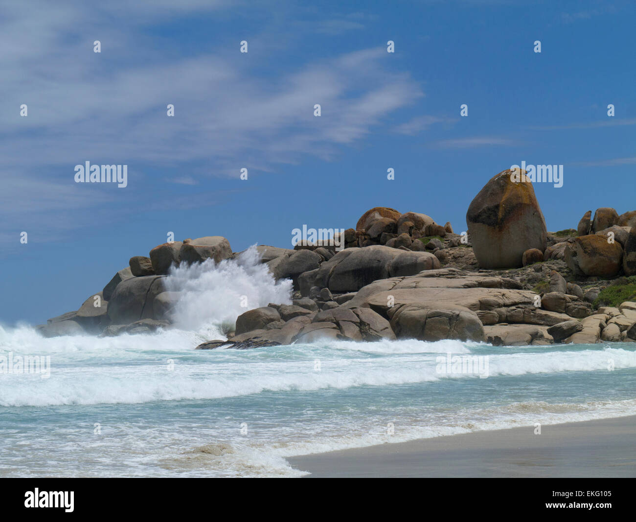 Atlantic waves crashing into rocks at Llandudno Beach, Cape Town, South