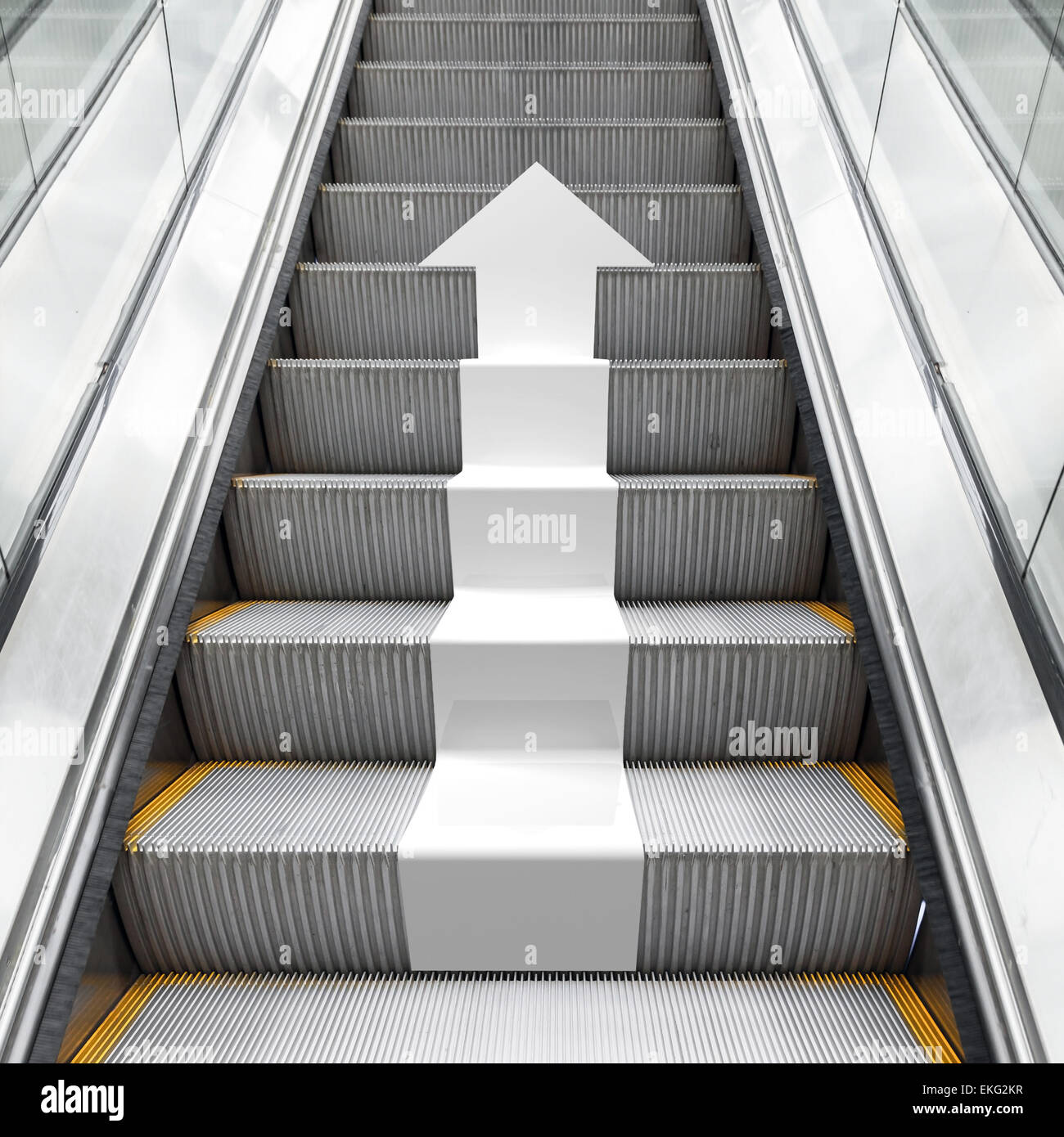 Shining metal escalator with white arrow moving up, perspective effect, 3d illustration combined with photo background Stock Photo