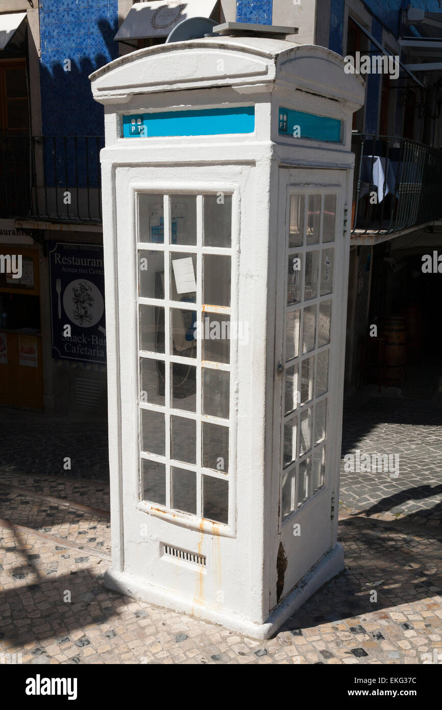Rare, old, and vintage ' K3 ' concrete traditional telephone phone box boxes kiosk booth K 3 in Sintra, near Lisbon. Portugal. Stock Photo