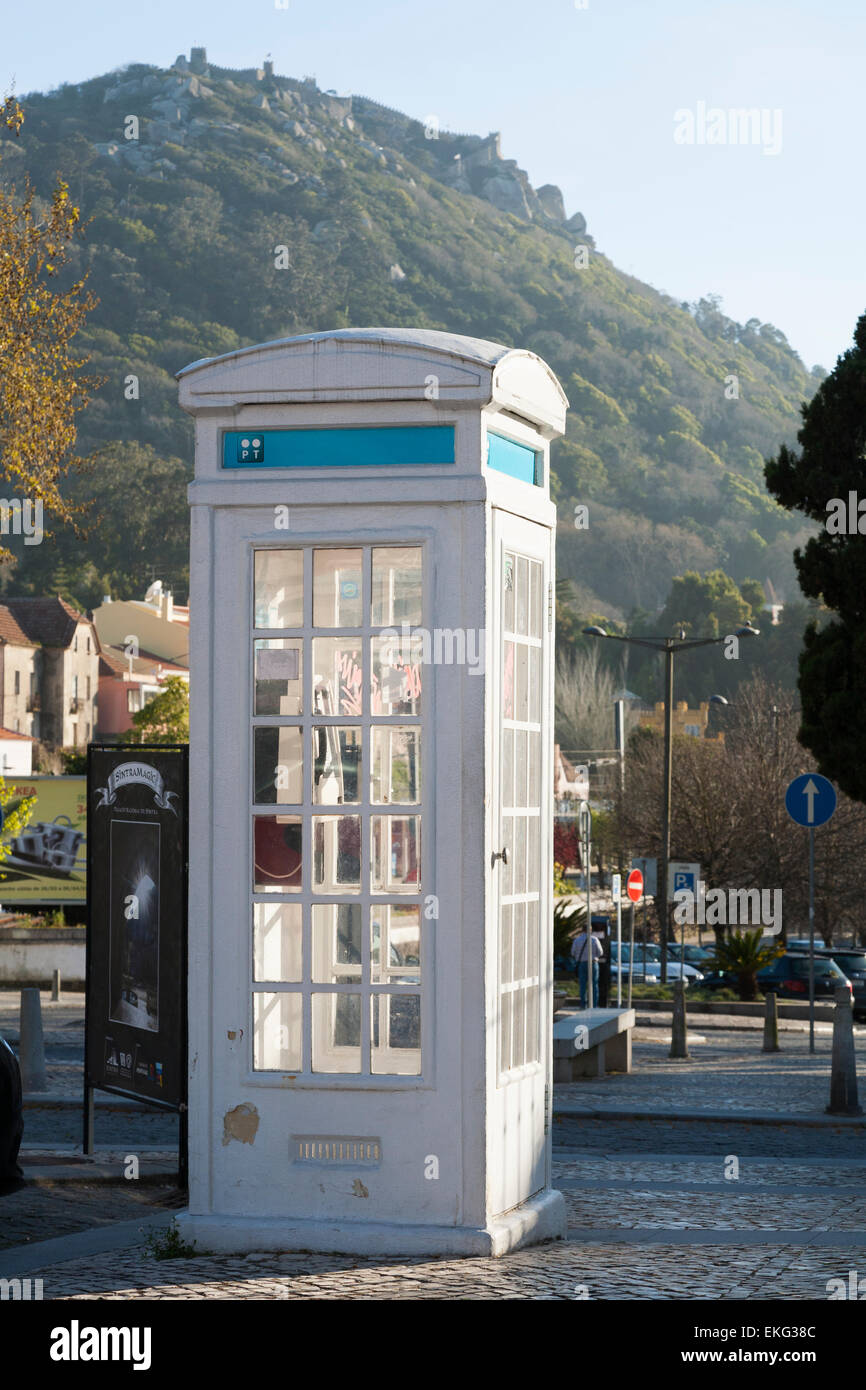 Rare, old, and vintage ' K3 ' concrete traditional telephone phone box boxes kiosk booth K 3 in Sintra, near Lisbon. Portugal. Stock Photo