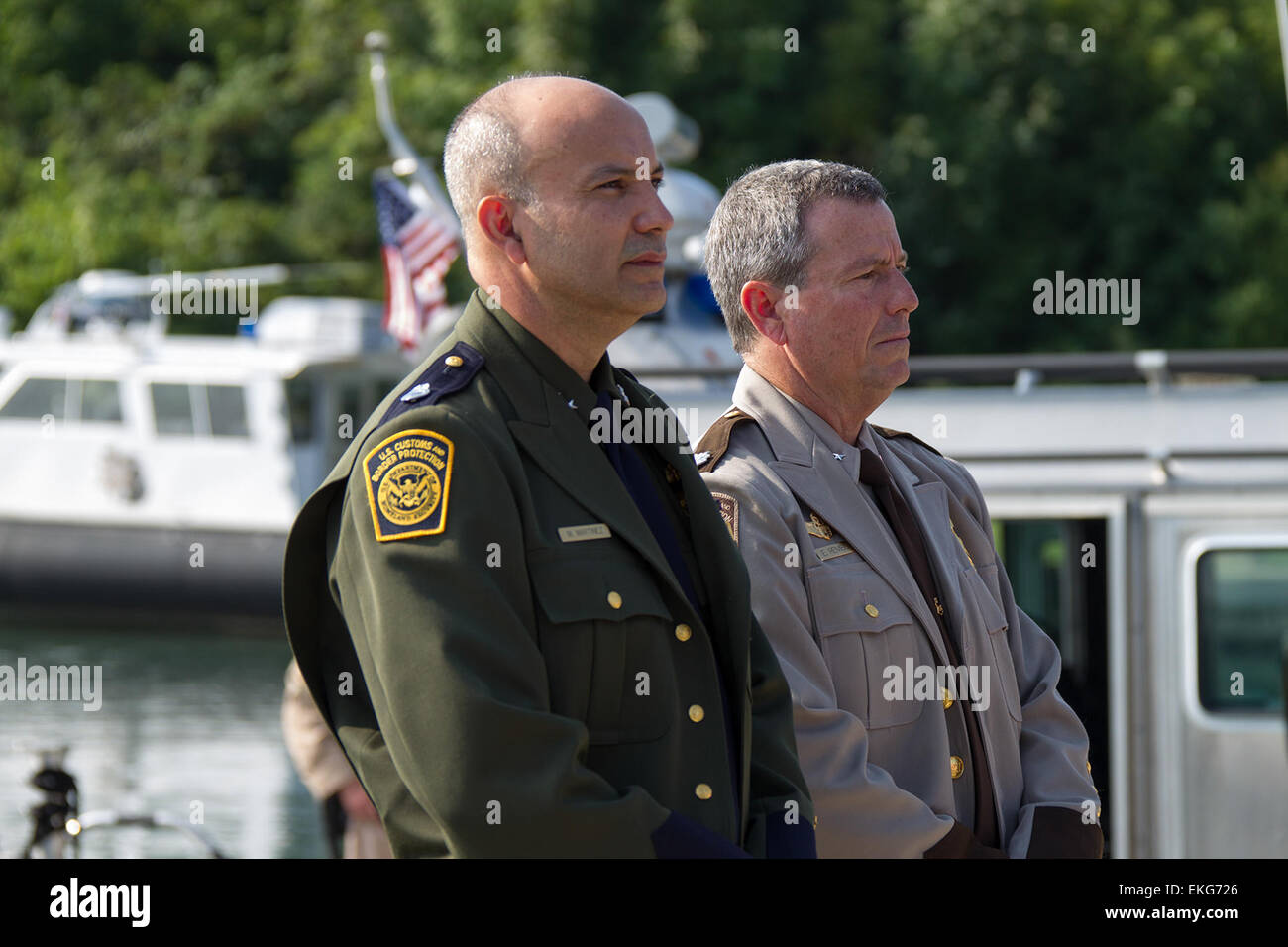 082913: U.S. Customs and Border Protection in honor and remembrance of fallen Border Patrol Agent Brian A. Terry held a CBP Vessel Dedication ceremony at the Elizabeth Park Marina, Trenton, MI. Seen here is Chief Patrol Agent Detroit Sector Mario Martinez, and DAO Rembold.  Donna Burton Stock Photo