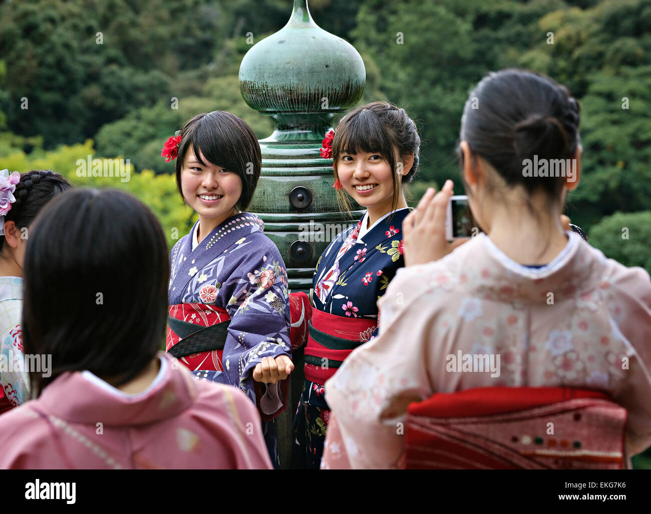 Japan, Honshu island, Kansai, Kyoto, young women wearing kimonos. Stock Photo