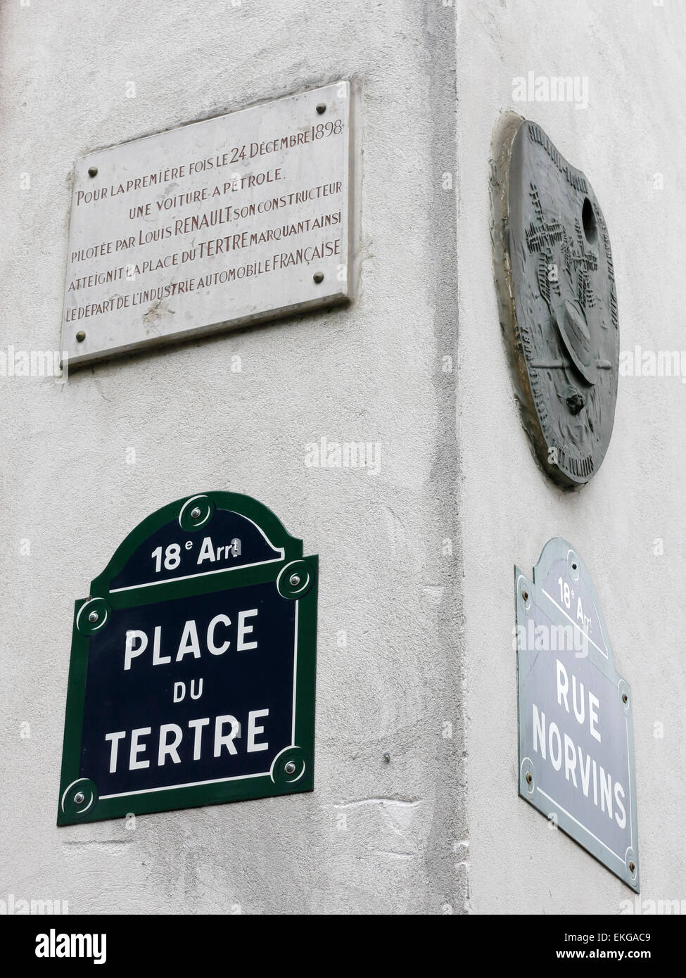 A Paris street sign in Montmartre. An area famous for it's artist community. Stock Photo