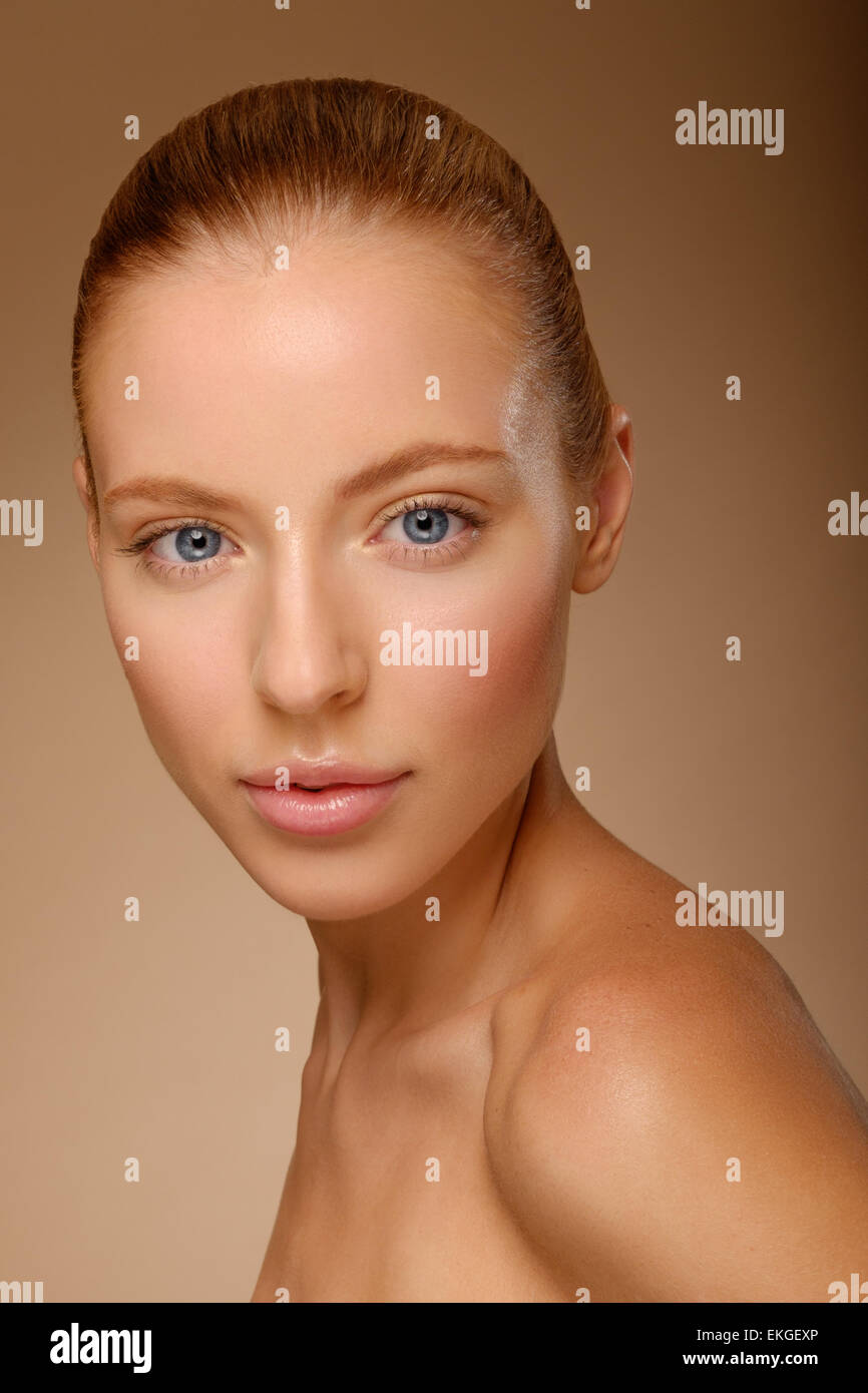 Beauty Girl. Portrait of Beautiful Young Woman. Fresh Clean Skin Stock Photo
